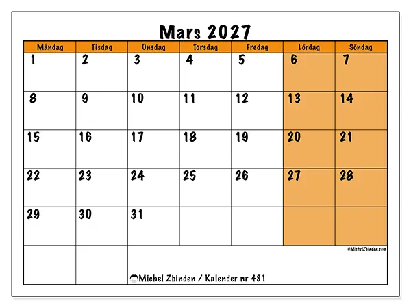 Mars 2027 månadskalender att skriva ut - Dynamisk planering