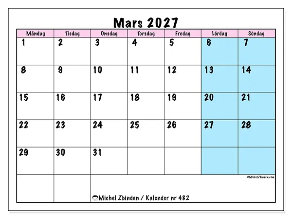 Mars 2027 månadskalender att skriva ut - Teamschema