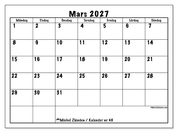 Mars 2027 månadskalender att skriva ut - Daglig planering