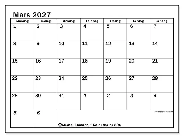 Mars 2027 månadskalender att skriva ut - Intensiv planering