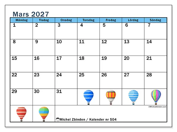 Mars 2027 månadskalender att skriva ut - Luftballonger