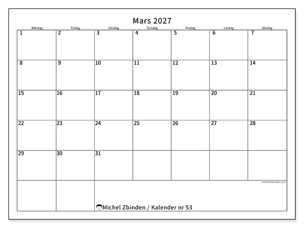 Mars 2027 månadskalender att skriva ut - Tydligt schema