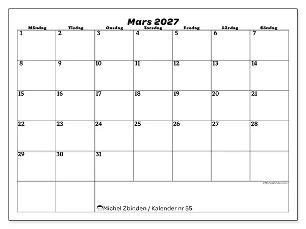 Mars 2027 månadskalender att skriva ut - Organisering av fritid