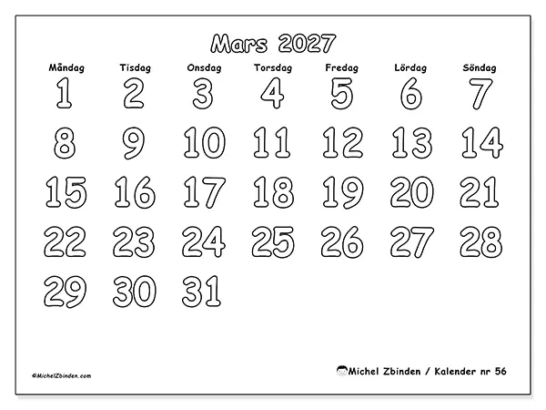 Mars 2027 månadskalender att skriva ut - Nyttig färgläggning