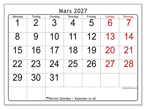 Mars 2027 månadskalender att skriva ut - Snabb översikt