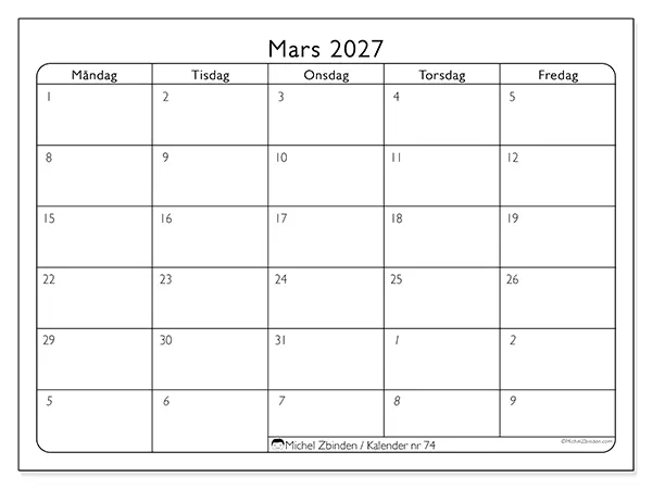 Mars 2027 månadskalender att skriva ut - Arbetsorganisering