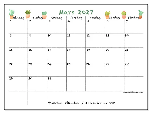 Mars 2027 månadskalender att skriva ut - Dekorativa kaktusar