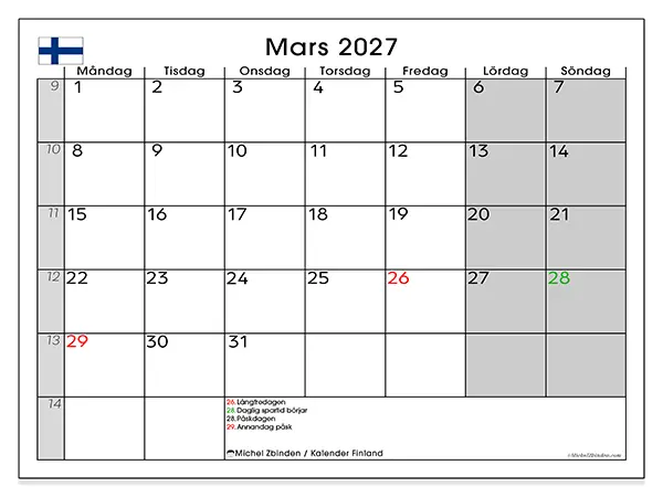 Mars 2027 månadskalender att skriva ut - Finland