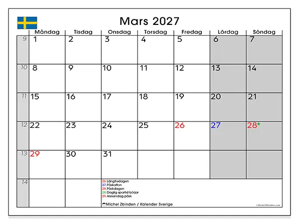 Mars 2027 månadskalender att skriva ut - Sverige